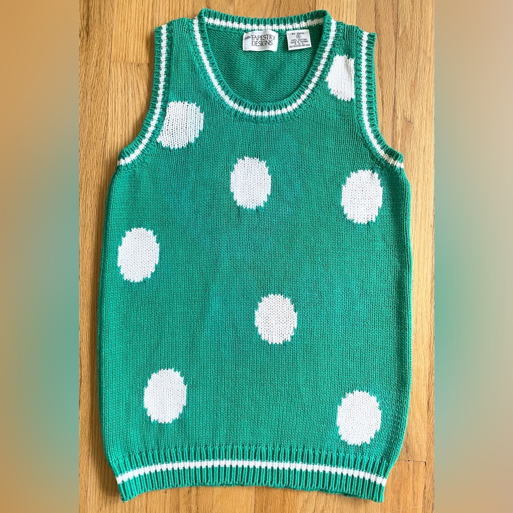 Vintage 80s Sleeveless Sweater *Small* TAPESTRY DESIGNS Green Polka Dot Pullover